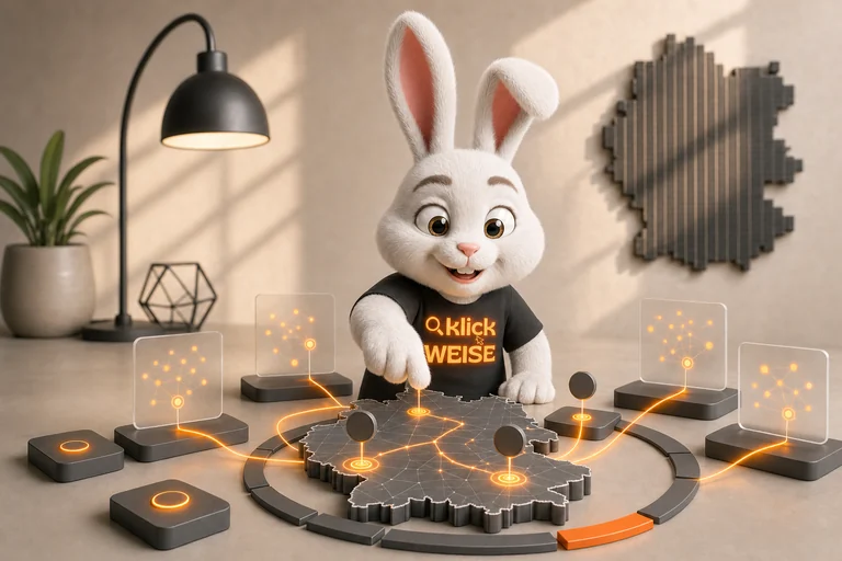 Klickweise-Maskottchen visualisiert Deutscher KI-Zitations-Index in einer eigenständigen Mess- und Analyseszene.
